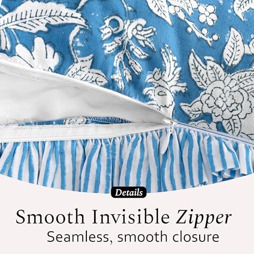 CPC Blue Sapphire Block Print Ruffle Pillow Cover 18x18 Inch, Pack of 2 - color: Blue Sapphire, size: 18" x 18" (Pack of 2)
