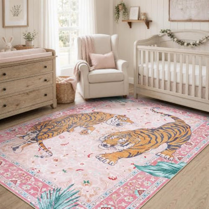 Moynesa Pink Tiger 5x7 Rug for Living Room, Washable Boho Bedroom Area Rug - color: Pink, size: 5' x 7' (Rectangular)