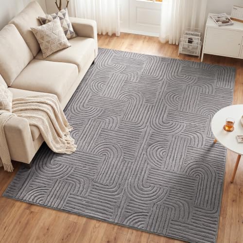 Etwel 5x7 Dark Gray Geometric Textured High-Low Pile Washable Area Rug - color: Dark Gray, size: 5' x 7'