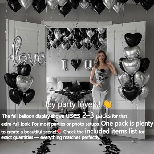 I Love You Balloons for Him/Her Balloons Black and silver romantic balloon kit with heart LOVE mylar balloons Black rose petals for hotel Dec orations Valentines Party wedding anniversary supplies - color: Black and Silver