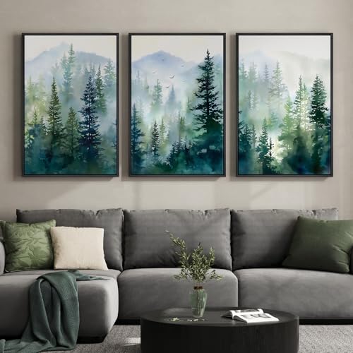Large Framed Green Forest Landscape Living Room Wall Art, 3 Piece, 24x36 In - color: Dark Green, size: 24" W x 36" H x 3Pcs