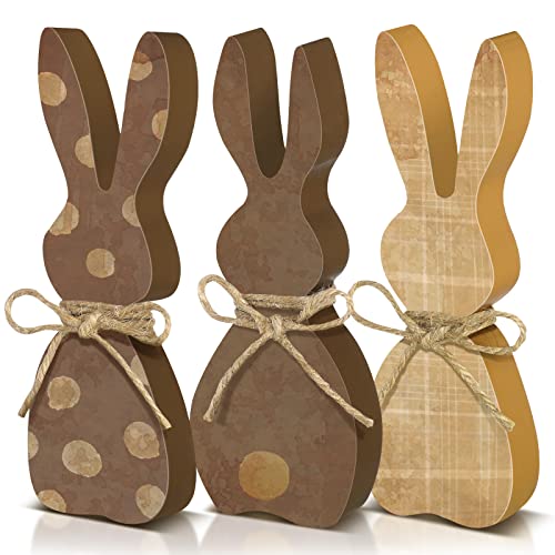 Karenhi 3 Pcs Easter Wooden Bunny Decor Sign with Rope, Cute Style