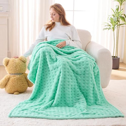 NEWCOSPLAY 3D Waffle Checkered Flannel Throw Blanket, Aqua, 50"x70" - color: Aqua, size: Throw(50"x70")