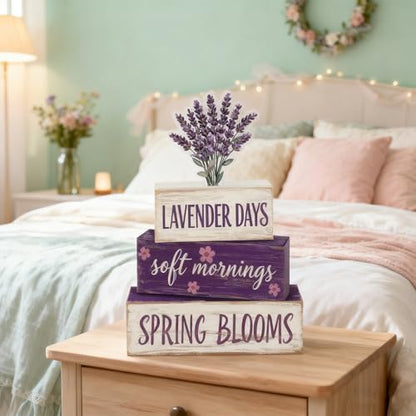 Spring Decoration Wooden Tiered Tray Decor – Rustic Lavender Days Stacked Block Sign with Lavender Flower Topper – Farmhouse Tabletop Spring Decor for Living Room Shelf Kitchen Coffee Bar Seasonal Home Display - style: Lavender