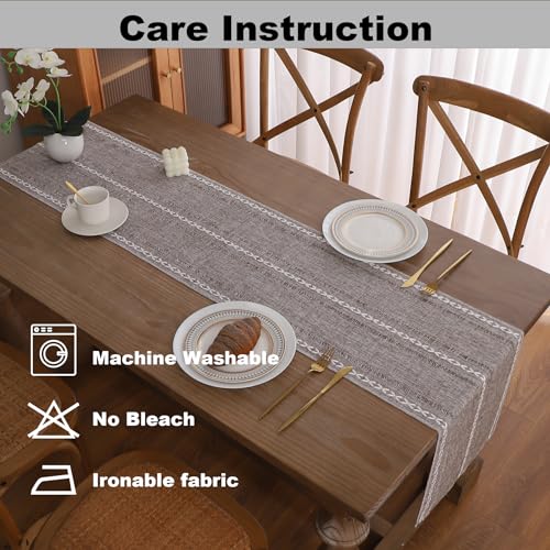 Gernaice Boho Table Runner, Rustic Embroidered Cotton Linen Farmhouse Table Runners for Dresser End Coffee Table Home Decor, 24" L X 13" W Dark Brown - size: 13" X 24", style: Hemstitched Coffee