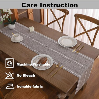 Gernaice Boho Table Runner, Rustic Embroidered Cotton Linen Farmhouse Table Runners for Dresser End Coffee Table Home Decor, 24" L X 13" W Dark Brown - size: 13" X 24", style: Hemstitched Coffee