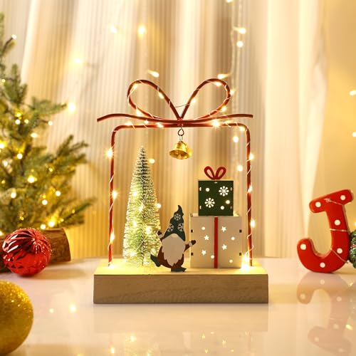 Christmas Tabletop Decoration, Wooden Lighted Christmas Gift Box Collectible Buildings Decorations, Christmas Giftboxes Santa Ornaments, Battery Operated Christmas Indoor Fireplace Table Decorations - style: Santa & Tree & Gift Box