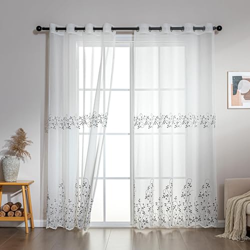 SLEEP ZONE Sheer Curtains for Living Room and Bedroom, Embroidered Sheer Curtains White Sheer Curtain 42 × 63 inch Length of 2 Panels, White Twig - color: White Twig, size: 42"W×63"L
