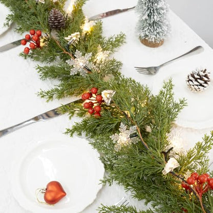 6FT Christmas Garland with Lights Battery Operated Lighted Christmas Garland with Pine Cones Red Beries,Twinkle Snowflake& Tree Mixed LED Lights Mantle Xmas Christmas Decoration Indoor Outdoor