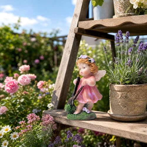 XJar Garden Fairy Figurine, Hand Painted Resin Yard Decor Statue - color: Flower Fairy Gardener-pink