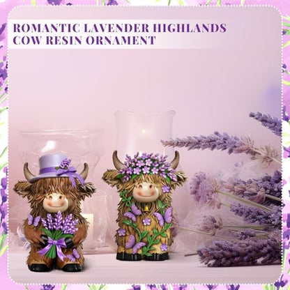 2 Pcs Resin Highland Cow Figurine Decor, Purple Lavender Theme - style: Lavender