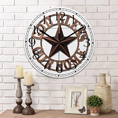 Round Farmhouse Wall Clock Western Texas Star Country Style Wood Clock Quiet Non-Ticking Battery Operated Easy to Read Classic Wall Art Analog Clock for Living Room Kitchen Bathroom 10 Inch - color: Style-1, size: 10in