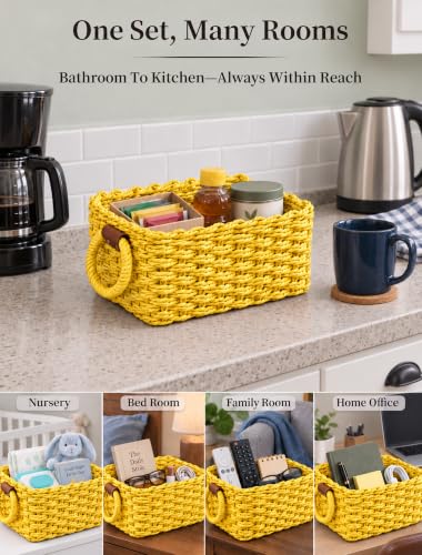 Small Wicker Baskets, 3 PCS Paper Rope Baskets for Shelves, Yellow - color: Yellow