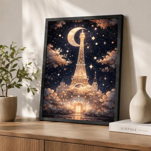 Framed Canvas Wall Art Paris Eiffel Tower Moon Night Wall Decor, 12x16 Inch - color: Gold2