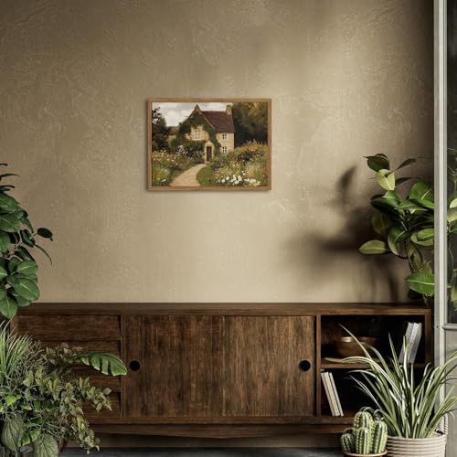Vintage Cottage Core Wall Art, Farmhouse Landscape Wall Decor Painting Country House Artwork 3D Textured Hand Drawn Sandstone for Bedroom Living Room 12x16 inch Wood Framed - color: color house B, size: 16"L x 12"W
