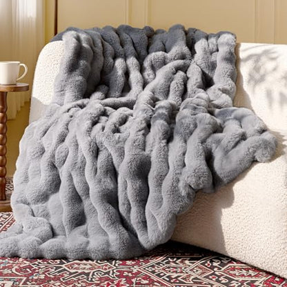 Ultra Soft Cozy Faux Fur Throw Blanket, Fuzzy Plush Thick Bubble Blanket, Oversize Luxury Fluffy Blanket for Couch, Bed, and Living Room, 50x60 Inches, Light Grey - color: Bubble Light Grey, size: Throw(50" X 60")