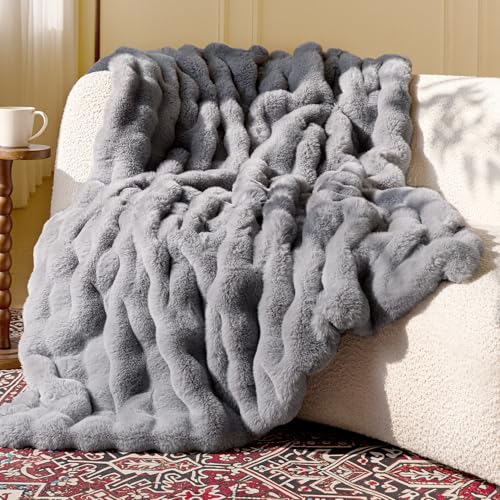 Ultra Soft Cozy Faux Fur Throw Blanket, Fuzzy Plush Thick Bubble Blanket, Oversize Luxury Fluffy Blanket for Couch, Bed, and Living Room, 50x60 Inches, Light Grey - color: Bubble Light Grey, size: Throw(50" X 60")