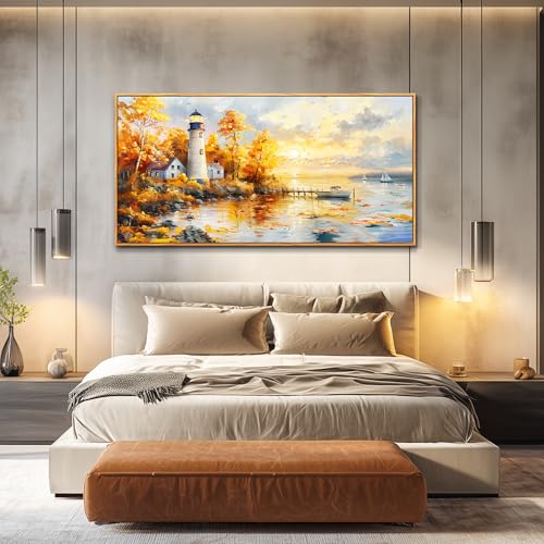 Large Framed Sunset Beach Canvas Wall Art Boat Lighthouse Seascape Painting - color: Lighthouse Painting Wood Framed, size: 48"L x 24"W