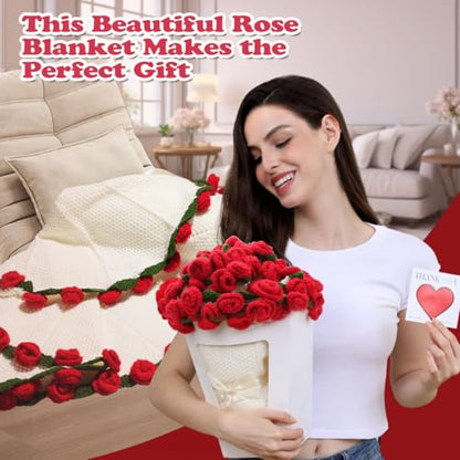 Rose Crochet Flower Bouquet Blanket, Handmade Knitted Throw Blanket - color: White, size: Large