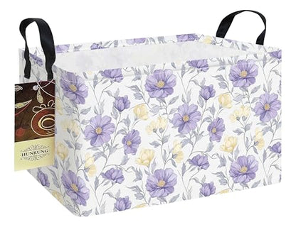 Rectangle Foldable Storage Basket Handles For Home, Purple Flowers - color: REC-Purple Flowers