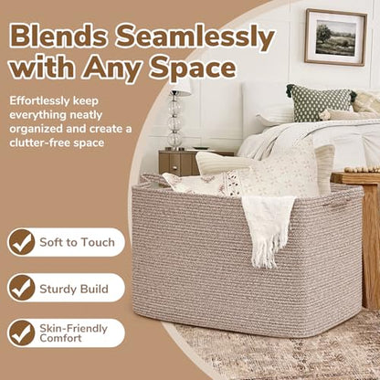 Goodpick 105L Extra Large Woven Rope Blanket Basket, Rectangle, Brown - color: Brown, size: XX-Large(25"L x 16"W x 16"H)