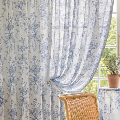SUOUO Blue and White Toile Floral Semi Sheer Curtains 96 Inches 2 Panels - color: Blue-white, size: 52"W x 96"L (Pack of 2)