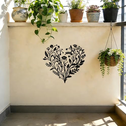 JEWLOVE Floral Heart Wall Art, Metal Flowers Decor | Heart filled with metal flowers and leaves; botanical wall decor for living room, bedroom; 12.2x11in; love, valentine gift