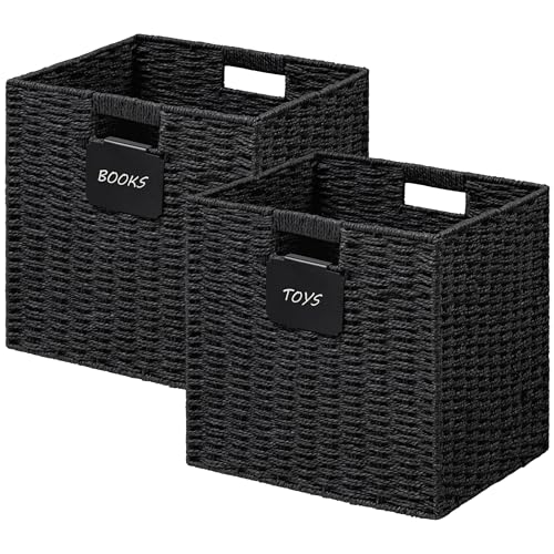 UBBCARE 2 Pack Wicker Basket, 10.5×10.5 Storage Cubes with Label, Foldable Cube Storage Bin with Handle, Square Storage Basket for Shelves, Woven Paper Rope Basket for Organizing, Black - color: Black, size: 2pack-10.5L×10.5H×9.5W
