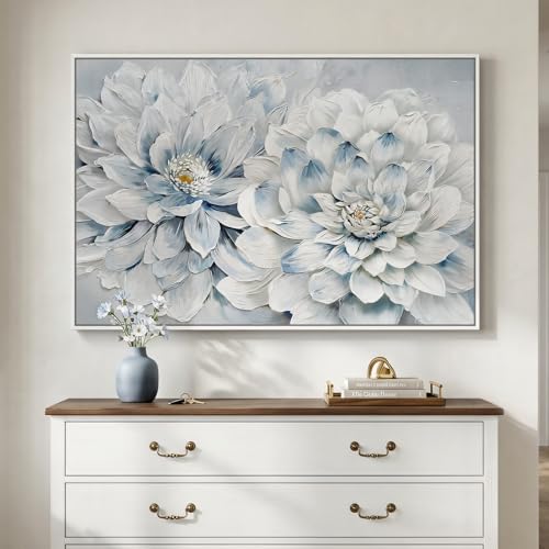 Framed Modern Blue and White Floral Wall Art for Bedroom, 24x36 Inch - color: Blue and White-B