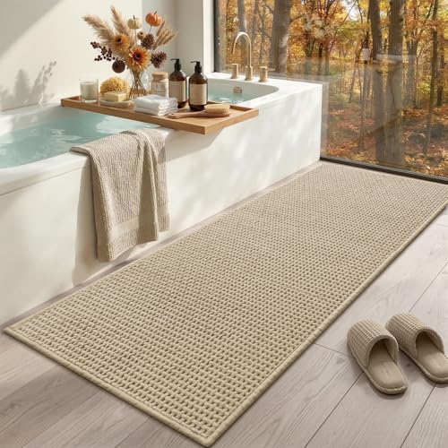 Color&Geometry Beige 72x24 Waffle Bath Mat, Rubber Non Slip Bathroom Rug - color: Beige, size: 24"x72"