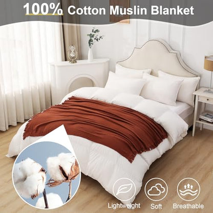 Cotton Muslin Throw Blanket with Tassels, 50 x 60 Inches, Lightweight Breathable Pre-Washed Gauze Blanket for Couch and Bed, All-Season Farmhouse Throw, Rust - color: Rust, size: 50" x 60"