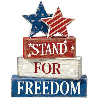 4th of July Table Decorations Patriotic Memorial Day Tiered Tray Decor Wooden Stars Block Signs Independence Farmhouse 250th July Fouth Centerpiece for Tables Wooden Sign for Home Decor - style: July 4th Stars