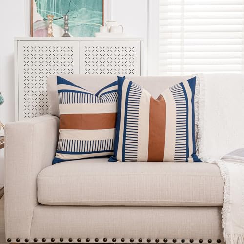 Farmhouse Stripe Pillow Cover 18x18 Boho Accent Cushion Case Faux Leather Decorative Pillowcase,Navy Blue and Beige (Cover ONLY, Pack of 2) - color: Navy Blue and Beige, size: 18" x 18" (Pack of 2)