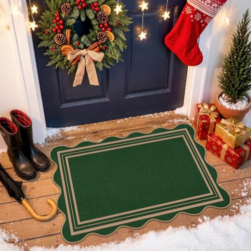 Easy Jute Christmas Outdoor Mats for Front Door, 2x3 Small Washable Kitchen Rugs, Farmhouse Green Throw Rug Non Slip Indoor Outdoor Carpet for Porch Entryway Foyer - color: Green Geometric, size: 2'x3' (Rectangular)