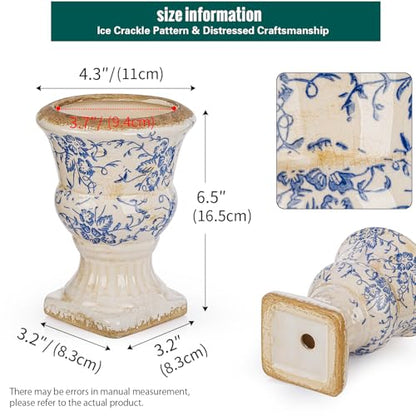 Sungmor Small Ceramic Urn Planter - Blue Floral Pedestal Flower Pot - color: Blue