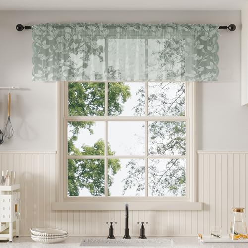 Rinwoc Sage Green Lace Semi-Sheer Valance Curtains – Vintage Leaf Lace Tier Drapes for Bedroom/Kitchen, Privacy Light Filtering Window Valance, Elegant Scalloped Valances 1 Panel, 52W x 14L Inch - color: Sage Green Leaf, size: 52"W x 14"L (Pack of 1)