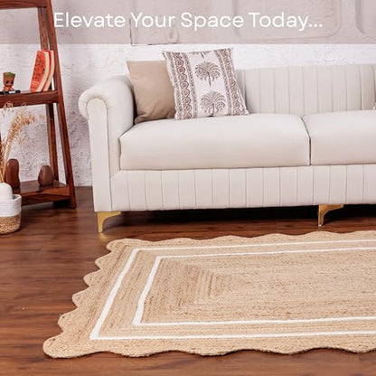 Wave Scalloped Jute Rug Entryway Natural Boho Area Rug Off-White 2'x4' - color: White, size: 2'x4'