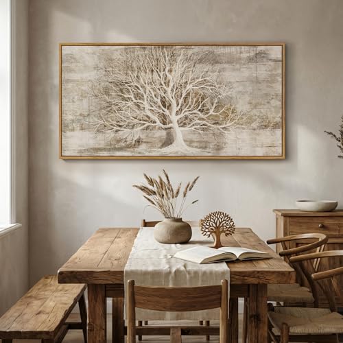 Large Framed Neutral Tree of Life Wall Art for Living Room, 60x30 In - color: Neutral White, size: 60"L x 30"W