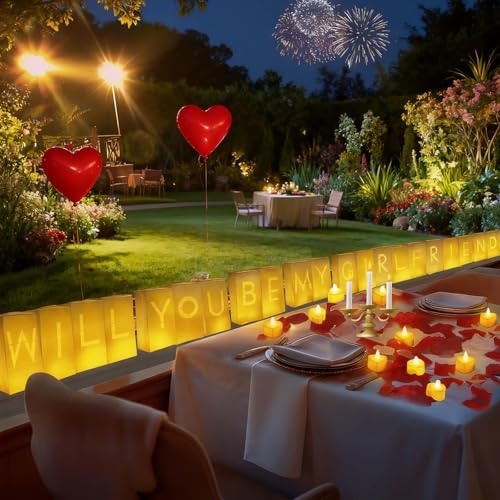 Will You Be My Girlfriend Decorations – Valentine’s Day Surprise Set with Light Up Letters, 30 Tea Light Candles, 2000 Rose Petals, 10 Balloons – Luminary Bags for Romantic Setup - style: Will You Be My Girlfriend