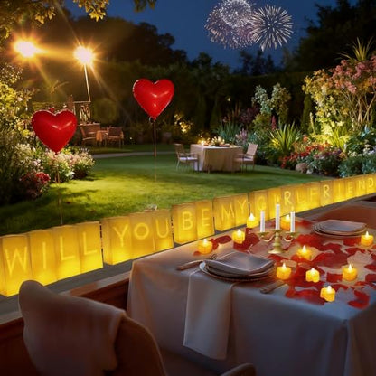 Will You Be My Girlfriend Decorations – Valentine’s Day Surprise Set with Light Up Letters, 30 Tea Light Candles, 2000 Rose Petals, 10 Balloons – Luminary Bags for Romantic Setup - style: Will You Be My Girlfriend
