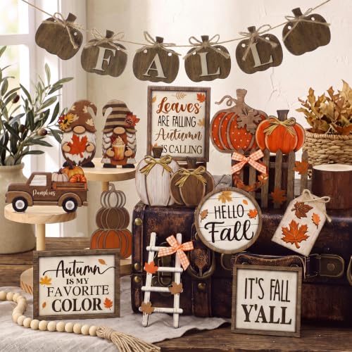 Shellwei 20 Pcs Fall Tiered Tray Decor Set, Thanksgiving Wooden Table Sign - style: Pumpkin