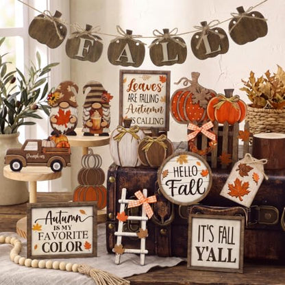 Shellwei 20 Pcs Fall Tiered Tray Decor Set, Thanksgiving Wooden Table Sign - style: Pumpkin
