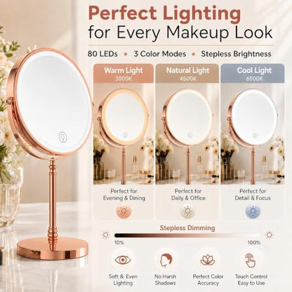 DEIOVWXS Makeup Mirror, Rechargeable Vanity Mirror with 3 Lights, 1X/10X - color: Rose Gold