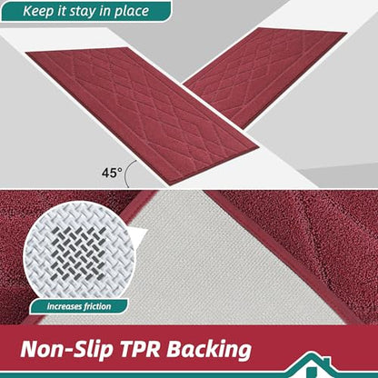 BEQHAUSE Kitchen Rugs Set of 2 Non Slip Runner, 24"x36"+24"x60", Red - color: Burgundy Red, size: 24" X 36" + 24" X 60"