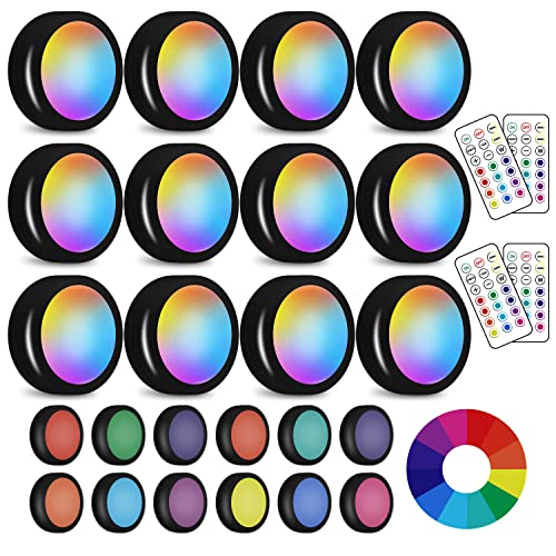 LED Puck Lights With Remote, 13 Colors RGB Dimmable Under Cabinet, Battery Powered Color Changing, Party Atmosphere for Kitchen Closet Counter, 12 Pack - color: Black, size: 12 Pack