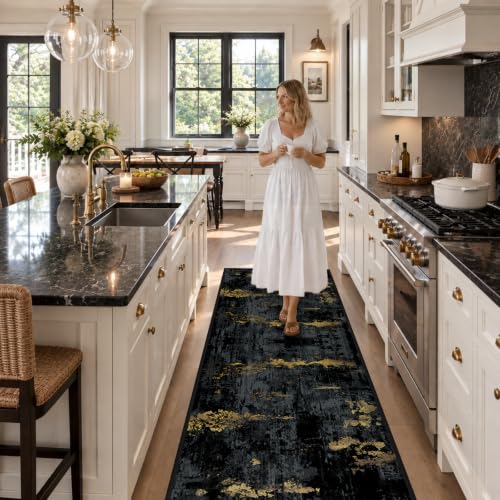 RELEANY Washable Runner 2'x8' Abstract Area Rug for Hallway Black Gold - color: Black/Gold, size: 2' x 8' (Runner)