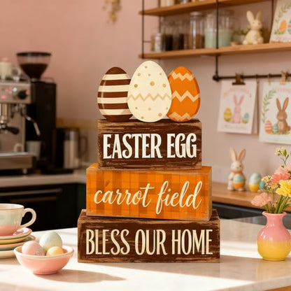 Easter Decorations - Easter Egg Carrot Field Tiered Tray Decor - Wooden Farmhouse Easter Tabletop Sign with Eggs & Carrot Theme - Rustic Spring Home Decor for Shelf Mantel Kitchen - Spring Home Decor for Living Room, Kitchen Counter - style: Egg