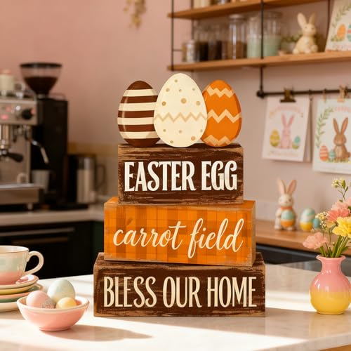 Easter Decorations - Easter Egg Carrot Field Tiered Tray Decor - Wooden Farmhouse Easter Tabletop Sign with Eggs & Carrot Theme - Rustic Spring Home Decor for Shelf Mantel Kitchen - Spring Home Decor for Living Room, Kitchen Counter - style: Egg