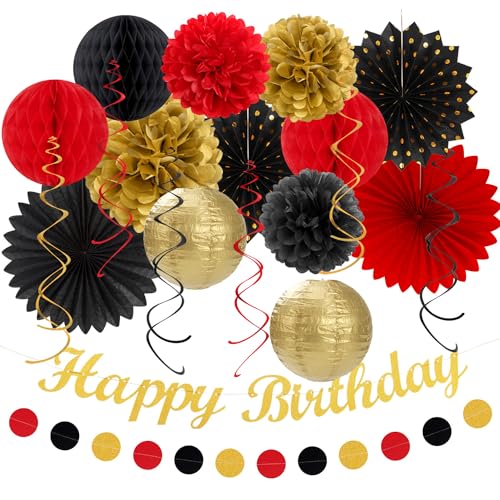 Red-Black Gold Casino-Theme Birthday Party-Decorations - 21pcs Happy Banner,Game Night Paper Lanterns,Tissue Pom Poms Flower Fan,Honeycomb Ball,Swirl Streamers Garland Supplies Women Men Decor Huglony - color: Red Black Gold