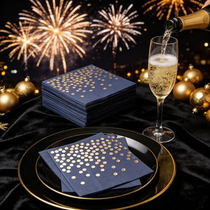 80 Pack of Paper Cocktail Napkins with Gold Foil Polka Dot Confetti，Polka Dot Party Supplies(5 x 5 in，2-ply) (80, blue gold) - style: Blue Gold Dot